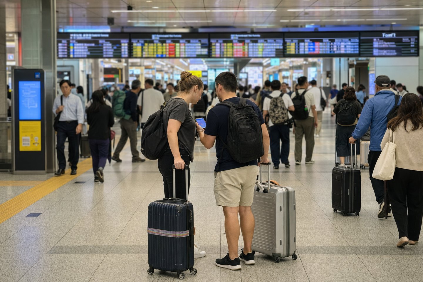 Travelers choosing the correct Shinkansen reservation service at Tokyo Station