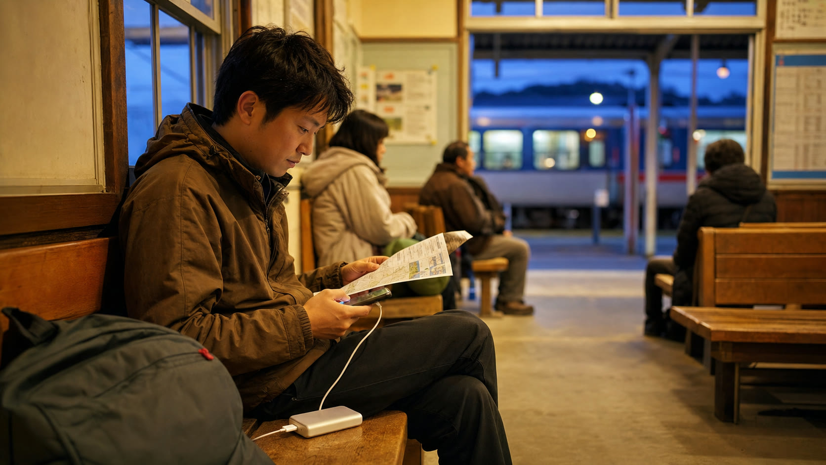 Traveler regrouping at a regional station after checking transport options
