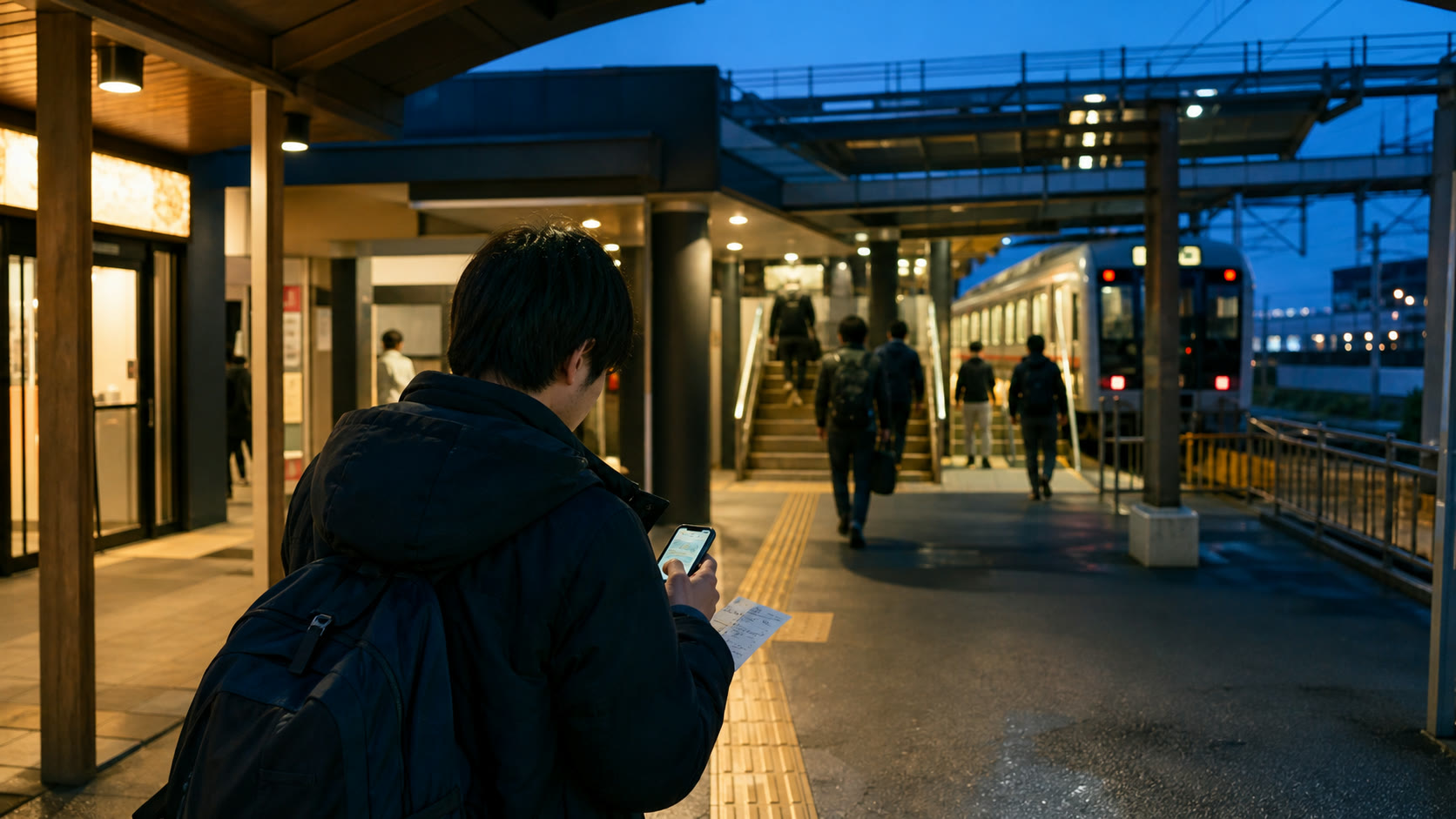 Traveler checking a confirmed return plan at Kawaguchiko Station in the evening