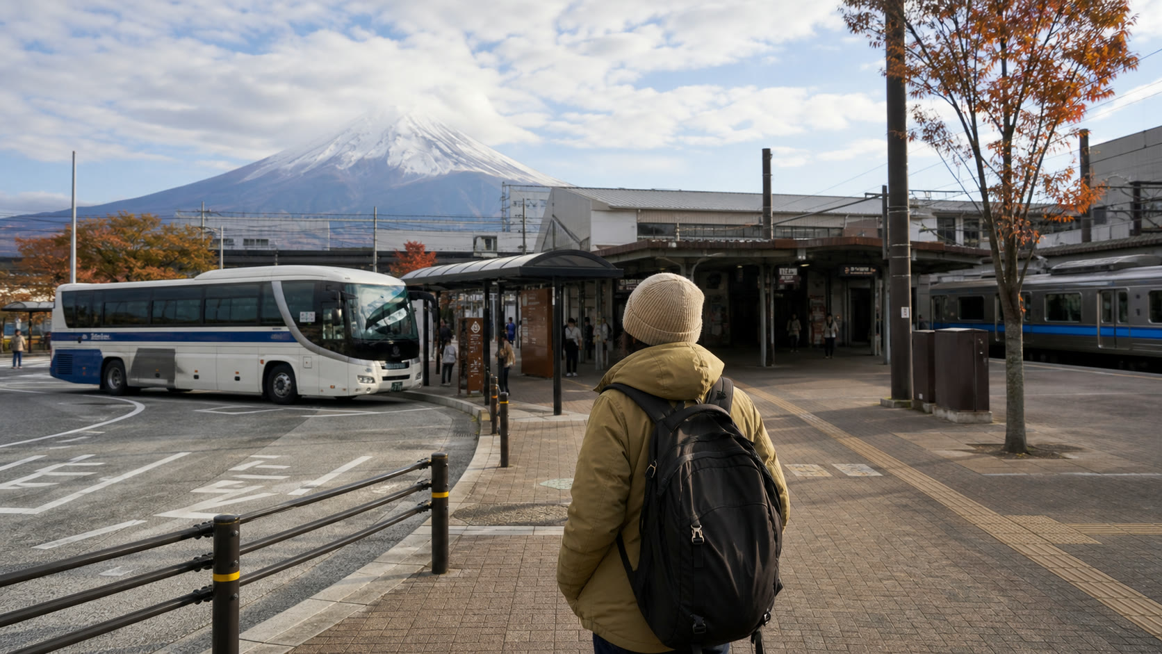 Highway bus and local train options near a regional station in the Fuji area