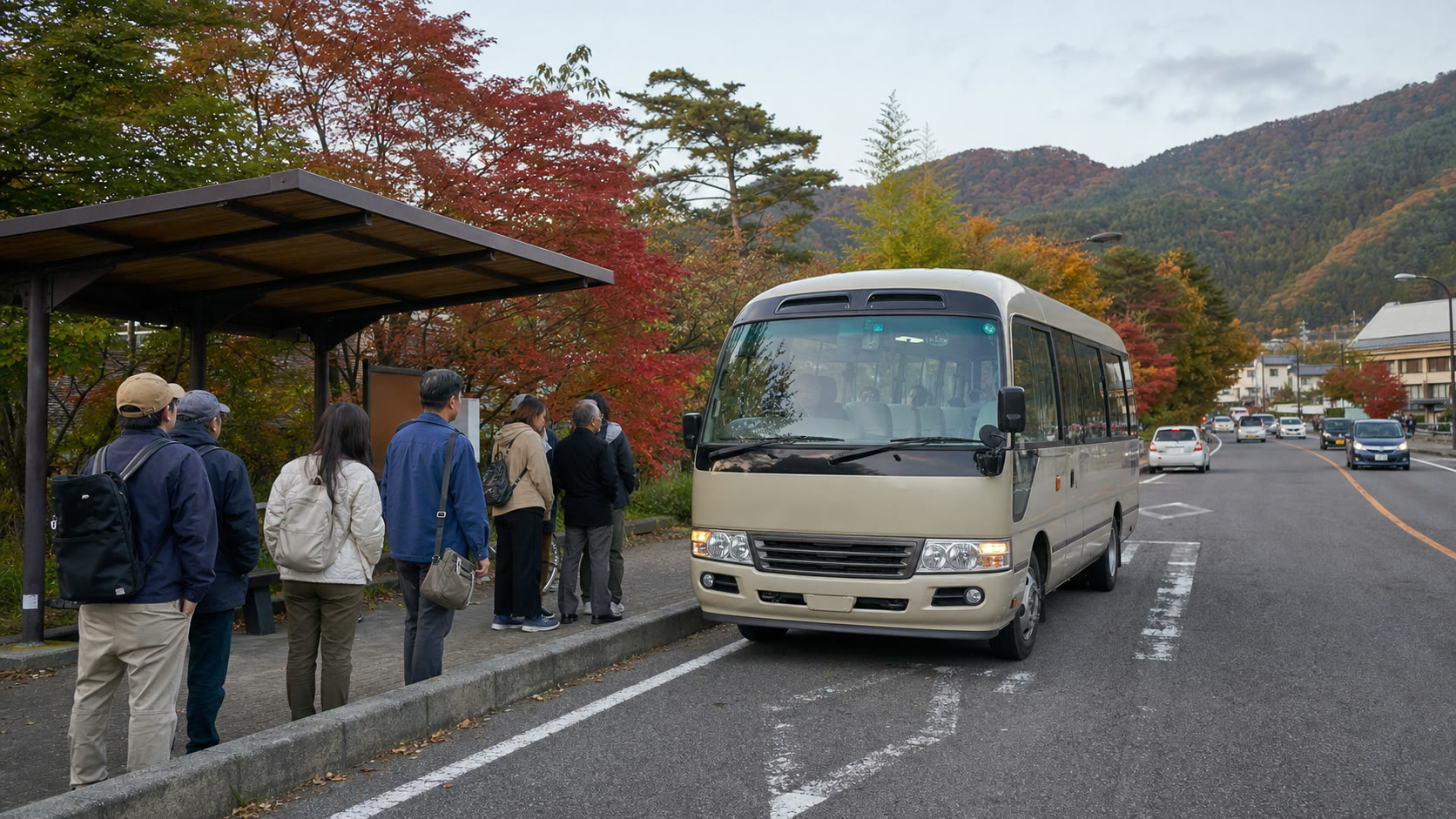 Travelers waiting for a local sightseeing bus near Lake Kawaguchi in autumn