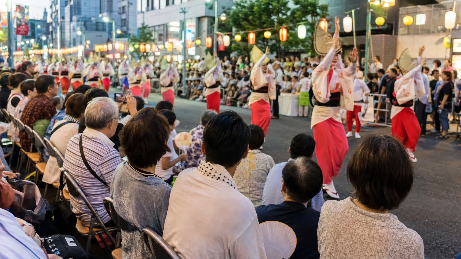 Special viewing seats at an outdoor Awa Odori performance area