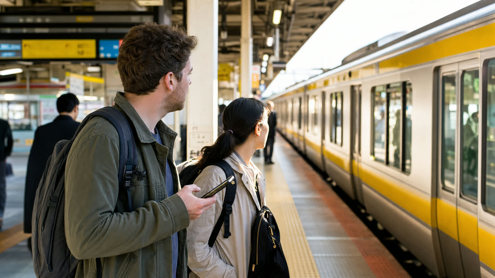Travelers checking a route app beside a local train platform