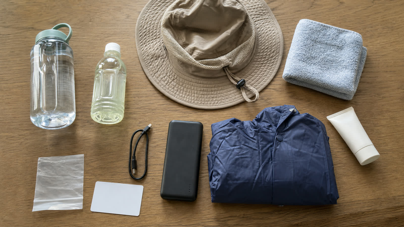 Water, towel, hat, poncho, power bank and small trash bag for a summer festival