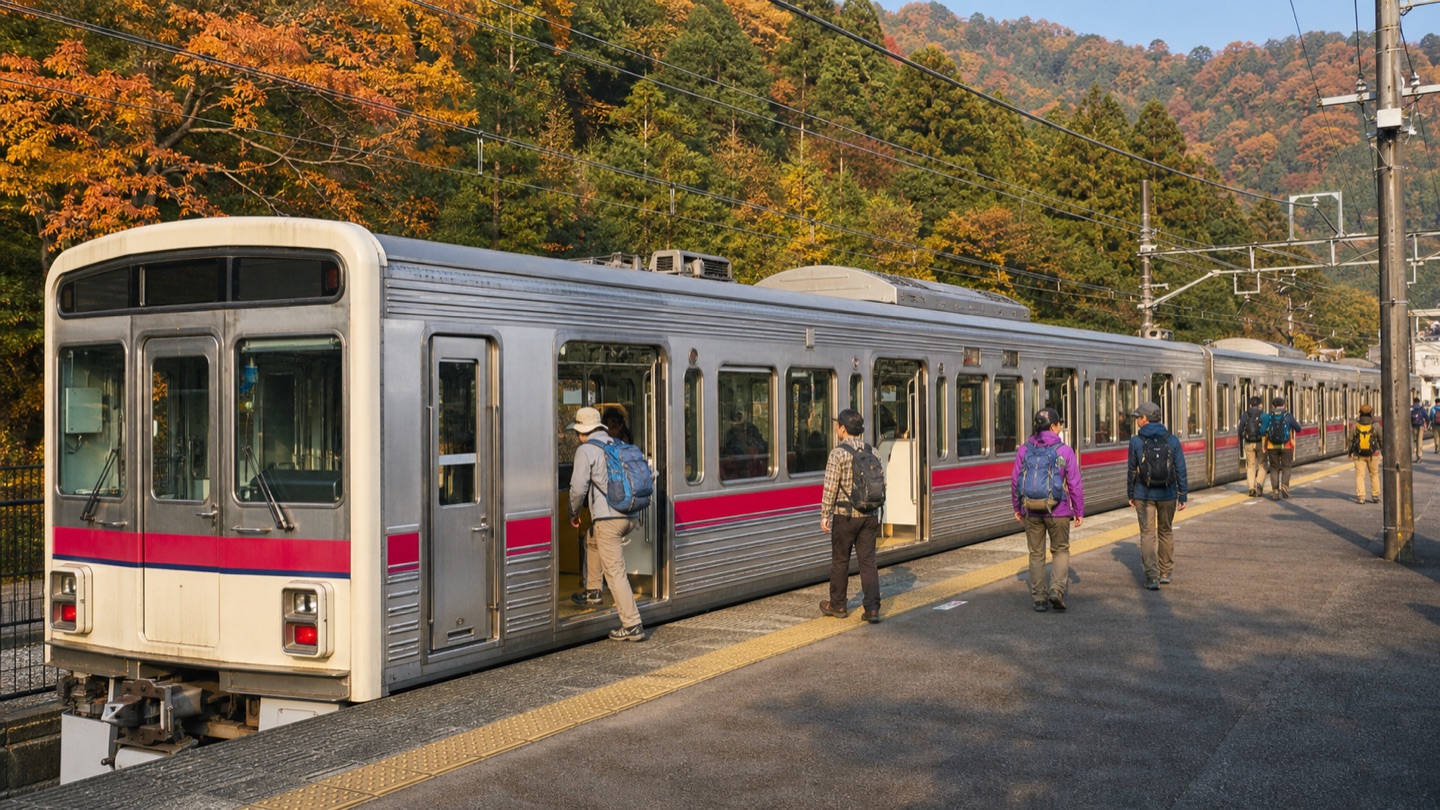 Commuter train arriving at a mountain station near Mt. Takao