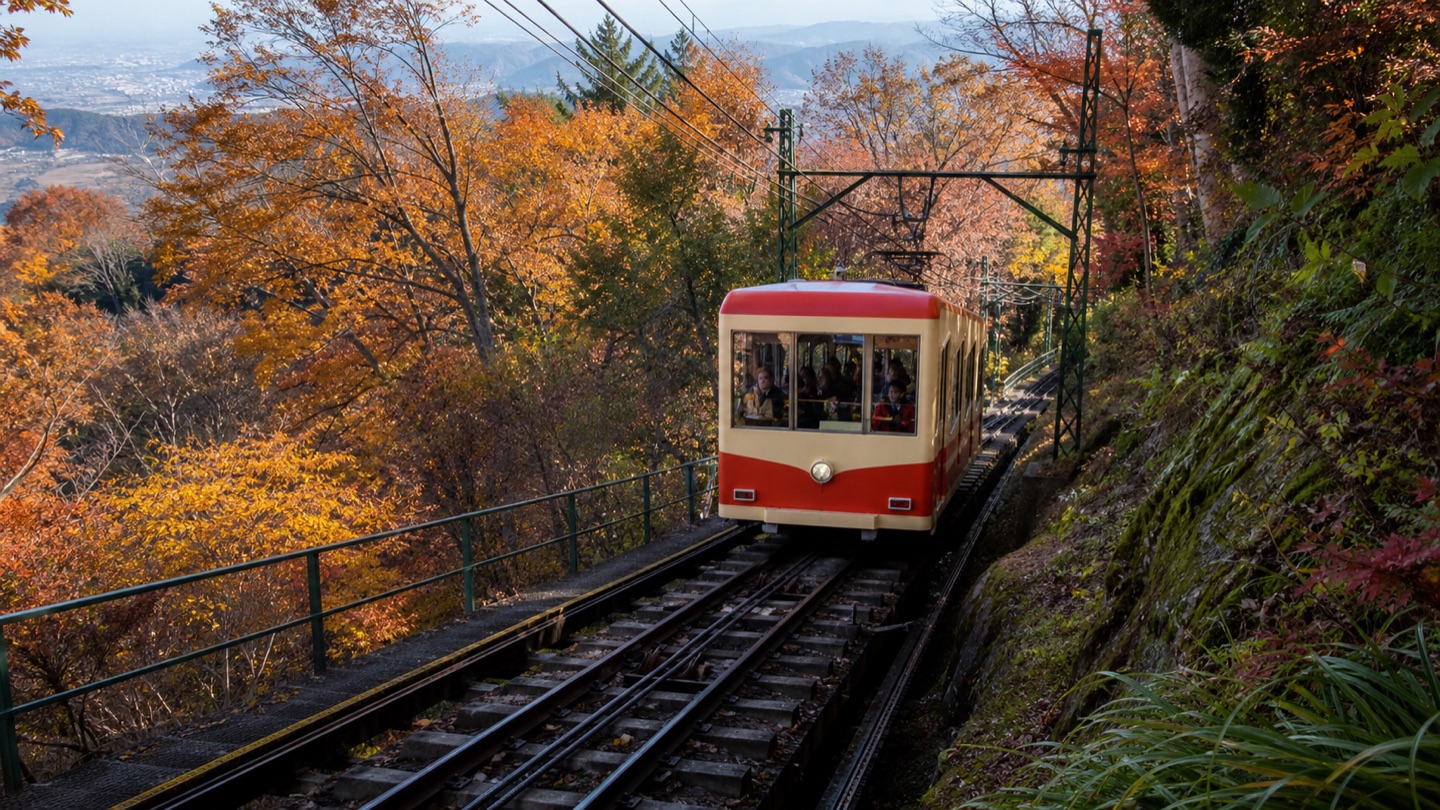 Cable car climbing through autumn forest on Mt. Takao