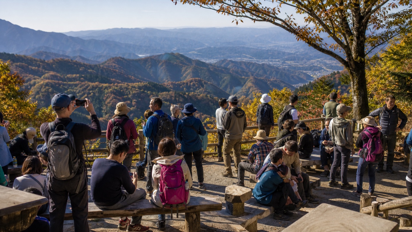 Visitors sharing an autumn summit viewpoint on Mt. Takao