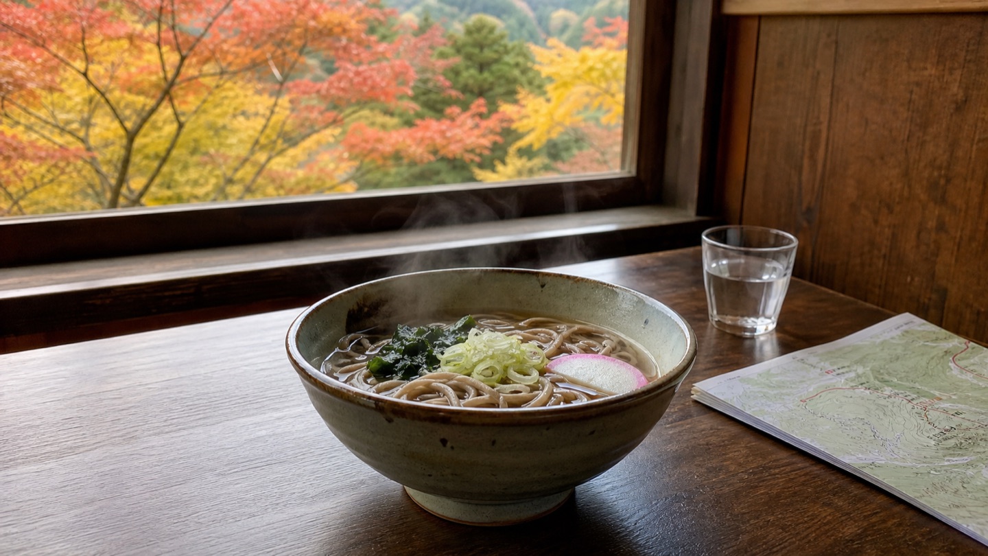 Bowl of hot soba beside an autumn mountain view