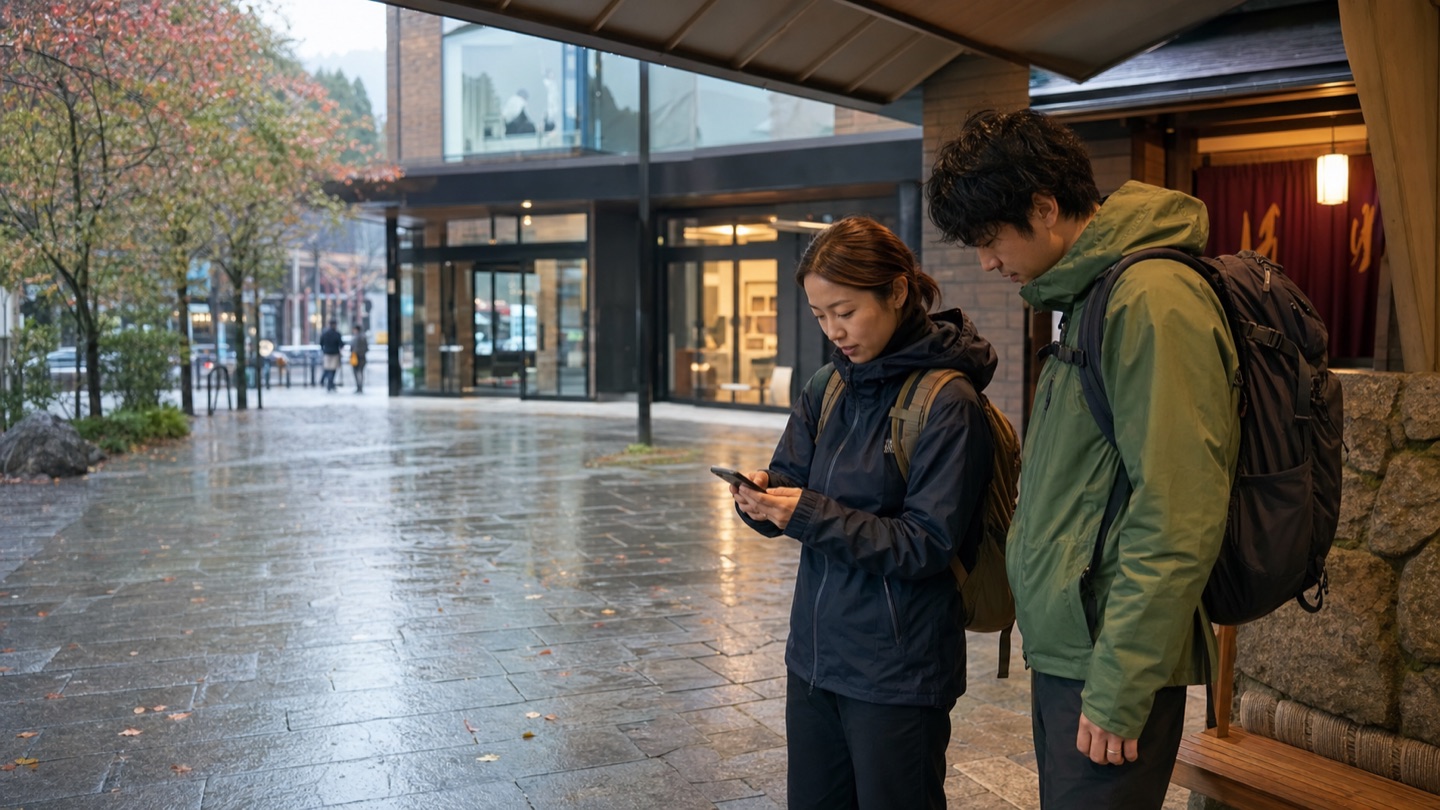 Travelers checking a rainy-day plan at the foot of Mt. Takao