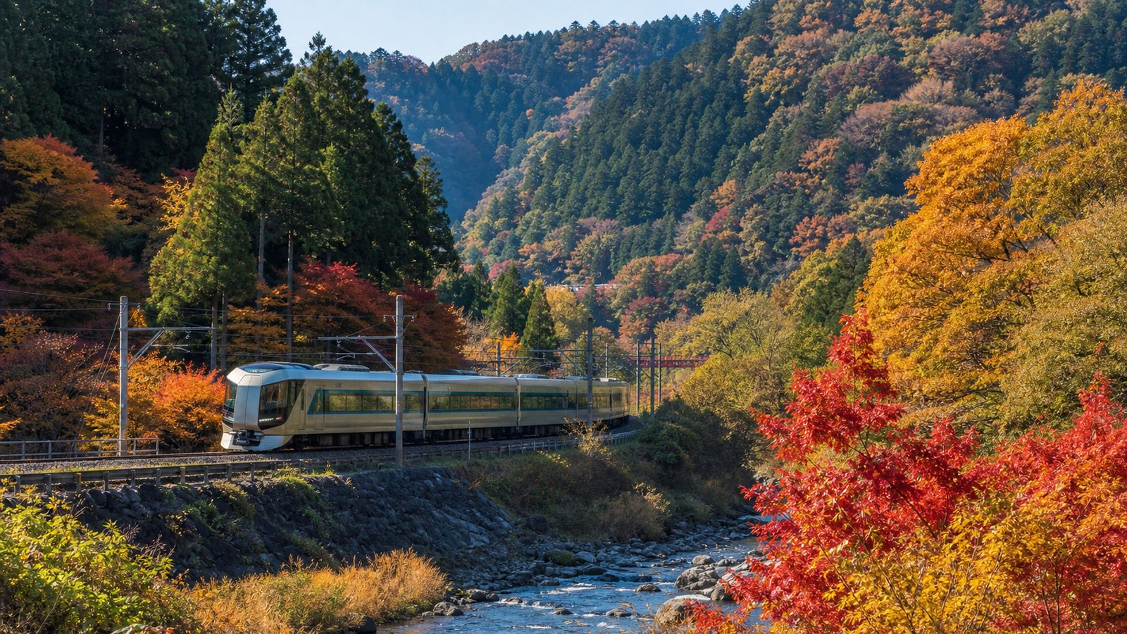 Train crossing an autumn valley in Nikko