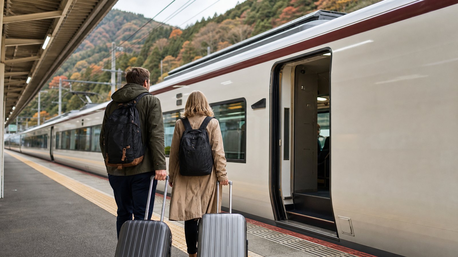 Travelers boarding a train for Nikko in autumn