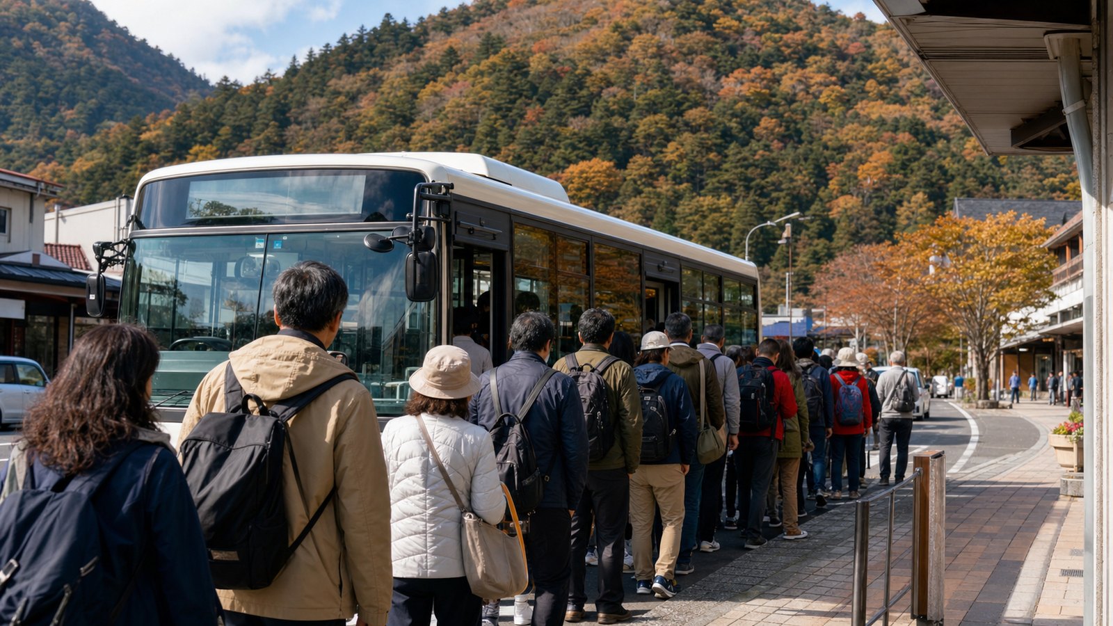 Travelers queuing for a mountain bus in Nikko during autumn