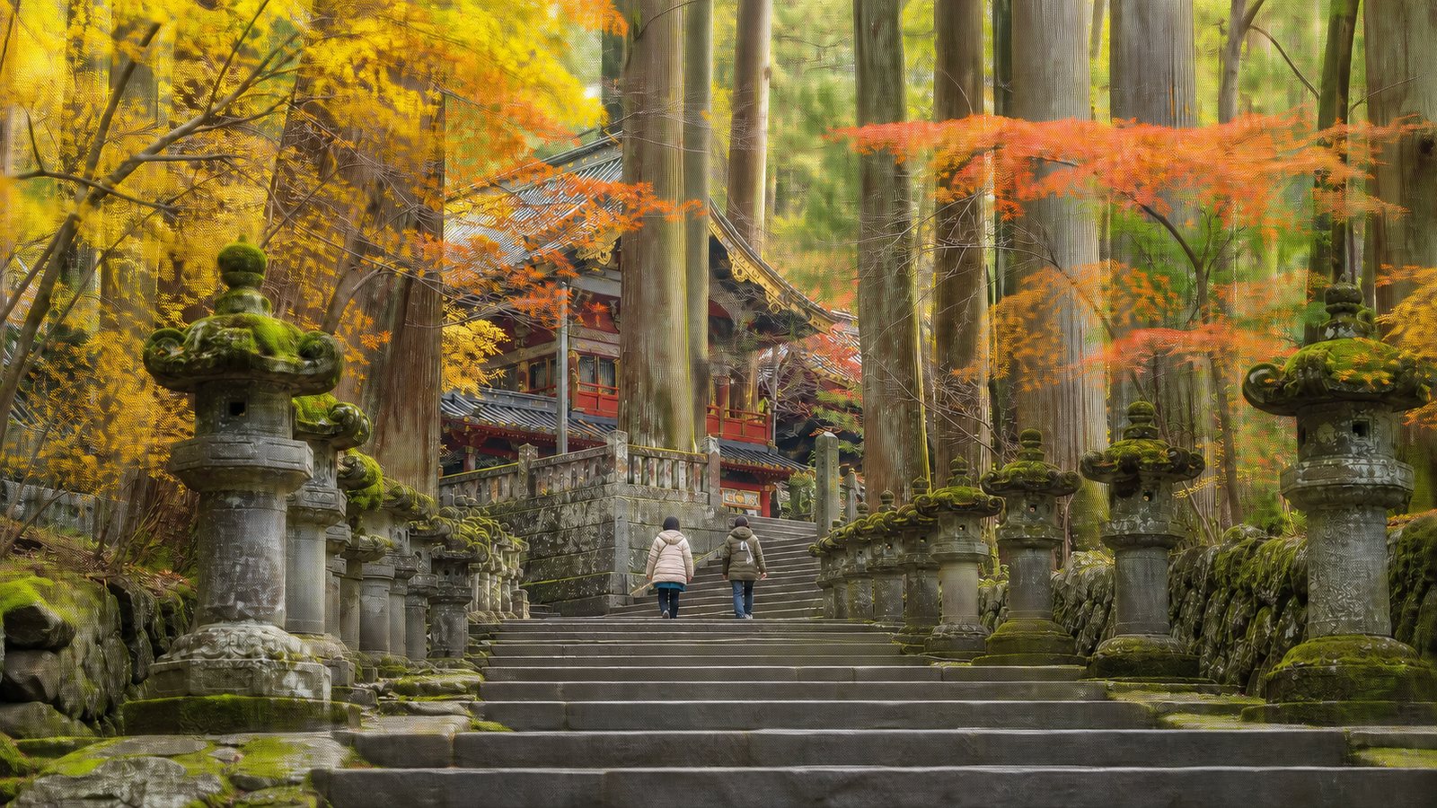 Cedar-lined approach with stone lanterns and autumn leaves in central Nikko