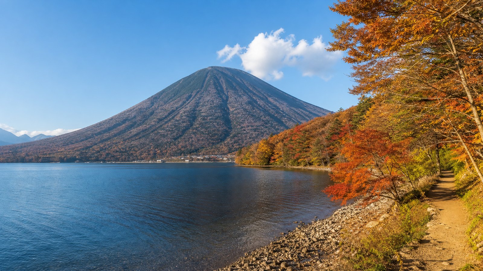 Lake Chuzenji and Mount Nantai framed by autumn foliage