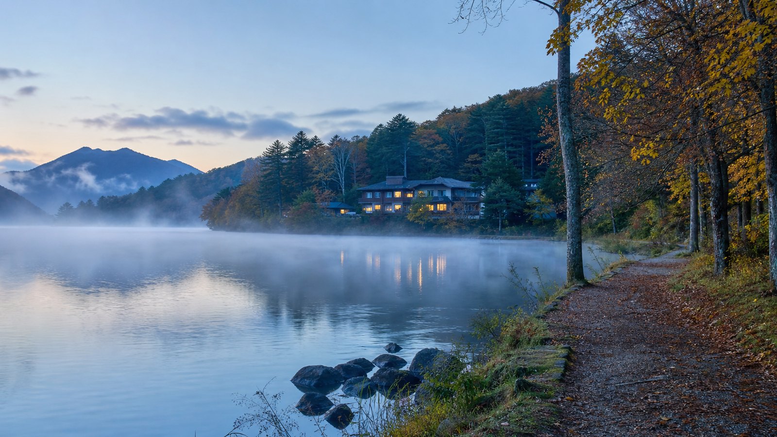 Quiet dawn beside a lakeside lodge in Okunikko