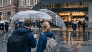 Tourists checking weather information outside a rainy Tokyo station