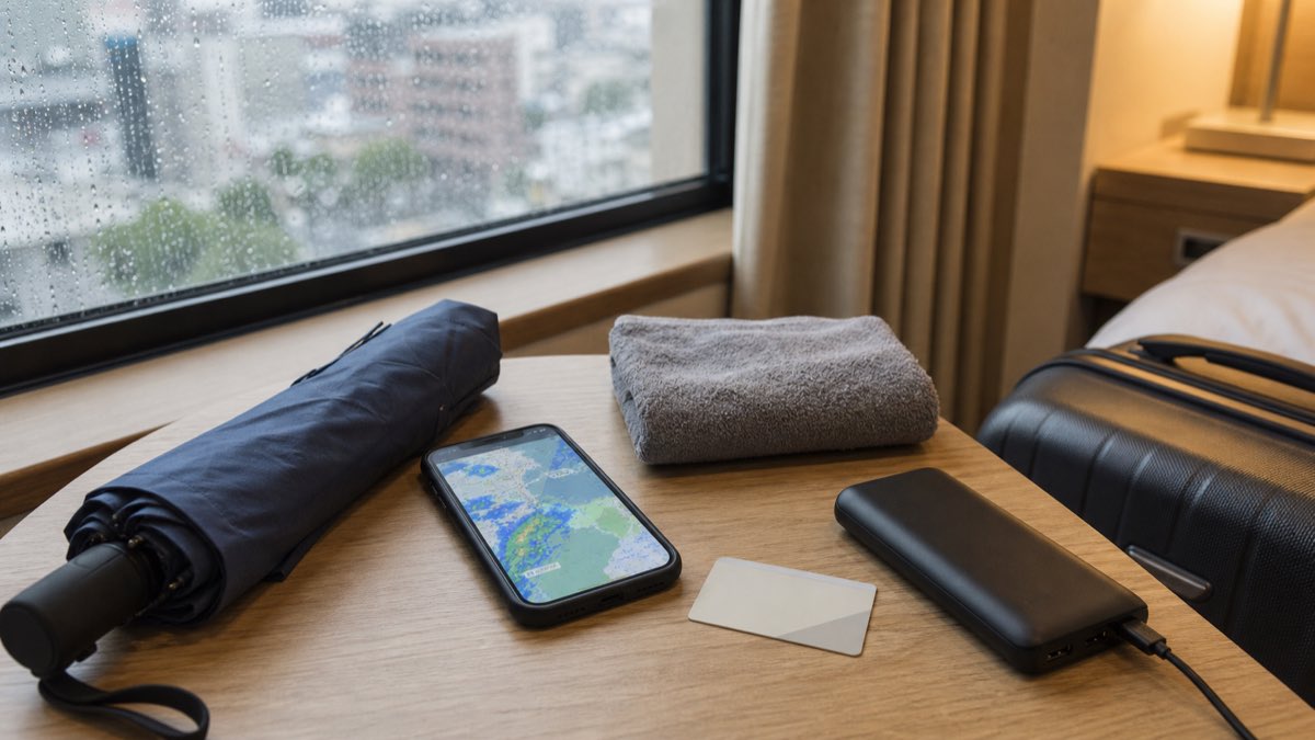 Rainy day travel kit with umbrella, phone, towel and charger in a Japanese hotel room