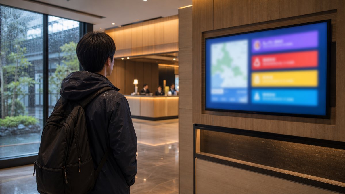Tourist checking weather alert information in a Japanese hotel lobby