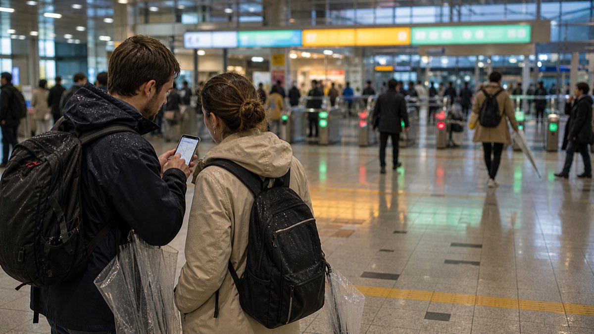 Travelers checking train routes inside a rainy Japanese station