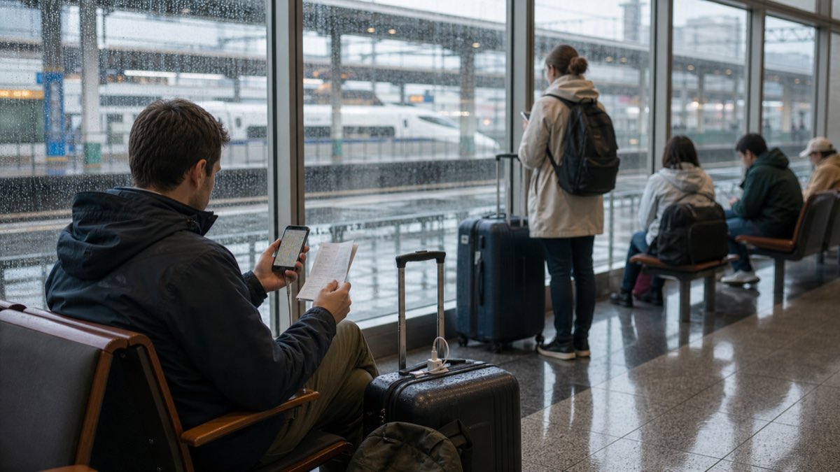 Tourists with luggage waiting at a Japanese station during heavy rain