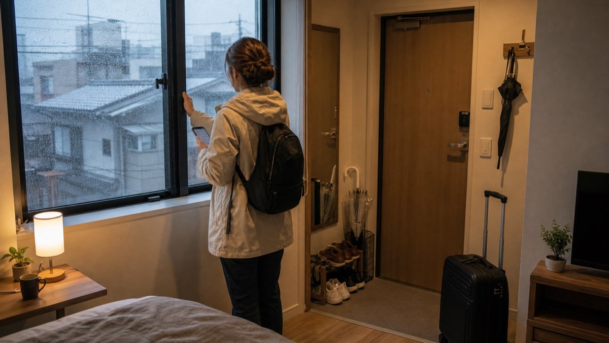 Traveler checking a host message inside a Japanese apartment during heavy rain