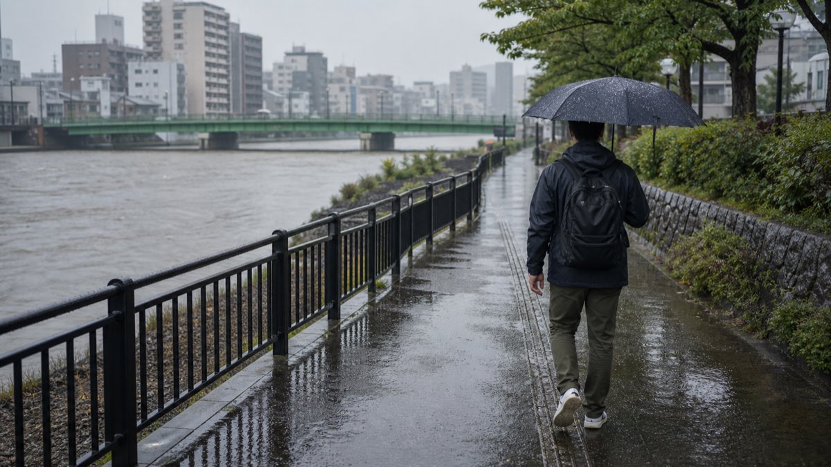 Traveler avoiding a riverside path during heavy rain in Japan