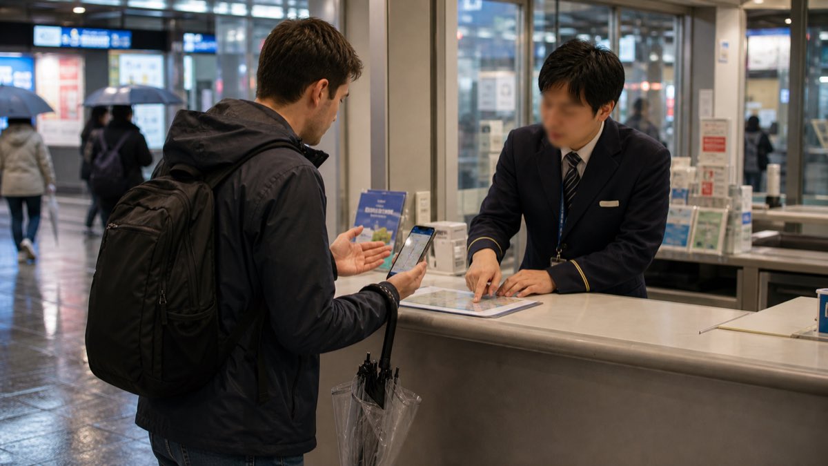 Tourist asking station staff for help during rainy weather in Japan