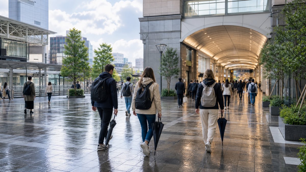 Tourists walking after rain near a Tokyo station and covered shopping street