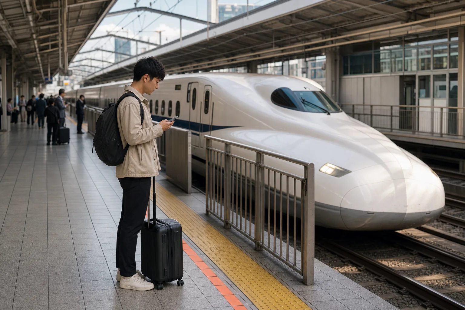 Traveler beginning a Shinkansen journey from a Tokyo platform