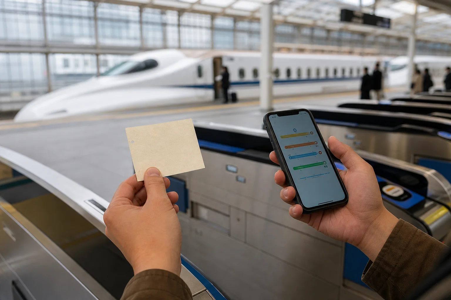 Traveler comparing a paper train ticket and smartphone near a Shinkansen gate