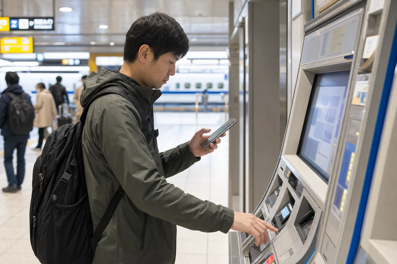 Traveler using a smartphone beside a reserved-seat ticket machine