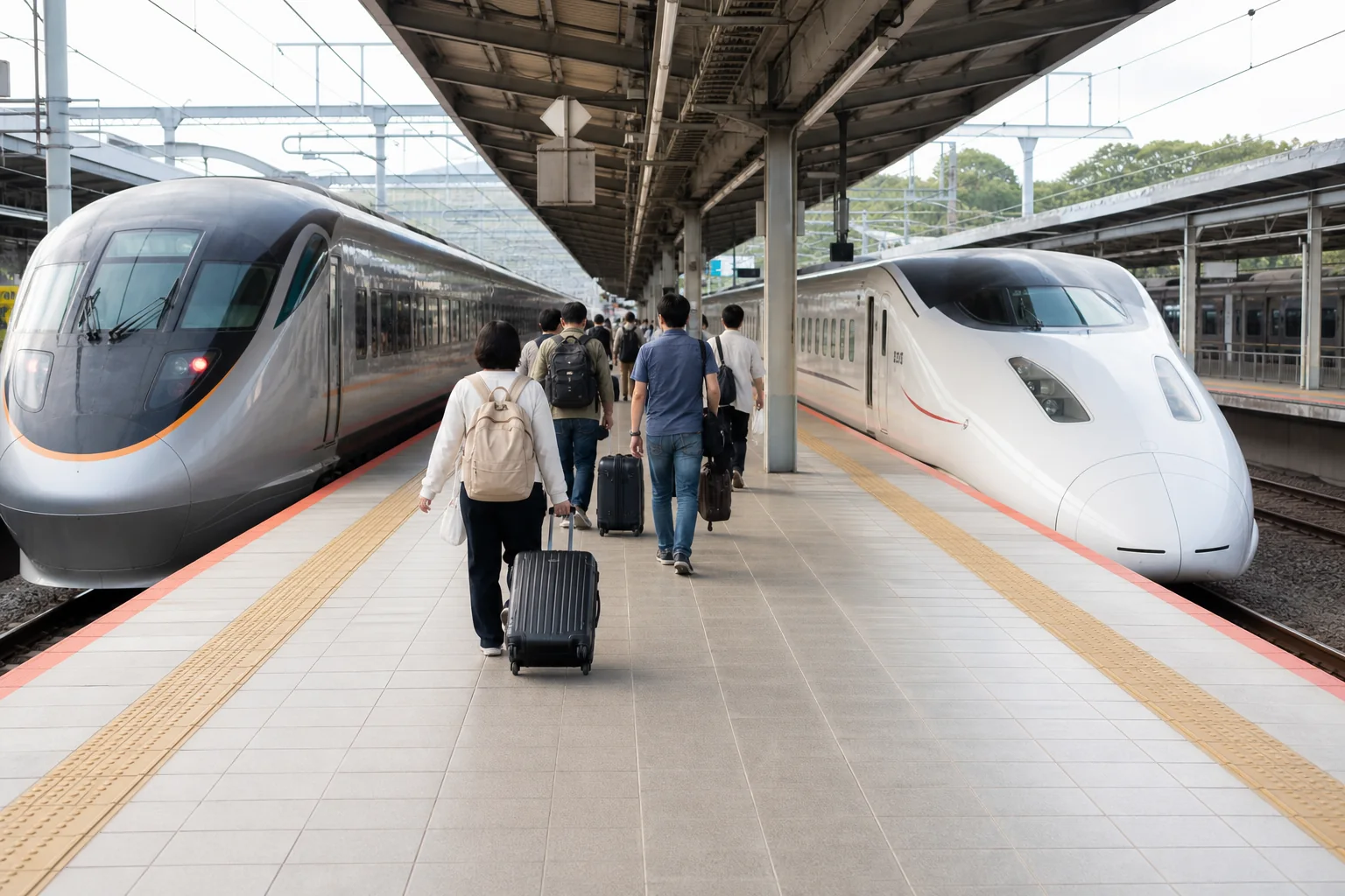 Passengers transferring between a limited express and Shinkansen at a Kyushu platform