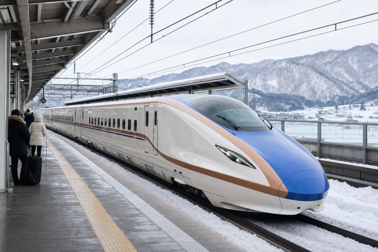 Hokuriku Shinkansen at a snow-edged platform in northern Japan