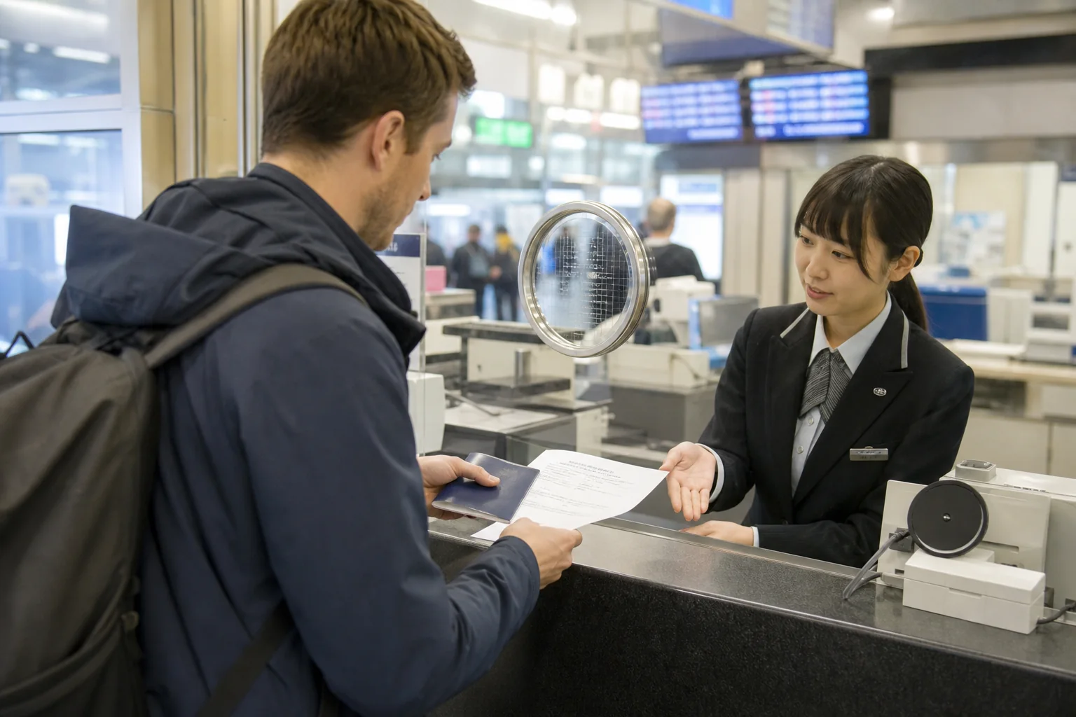 Traveler asking for help at a staffed JR ticket counter