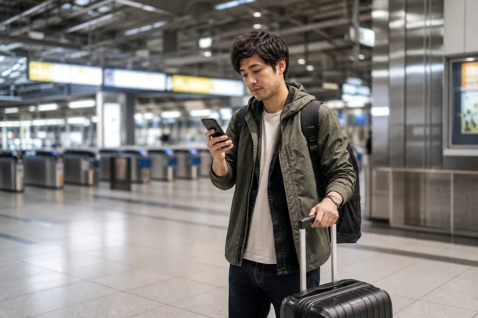 Traveler checking a route in a Shinkansen station concourse