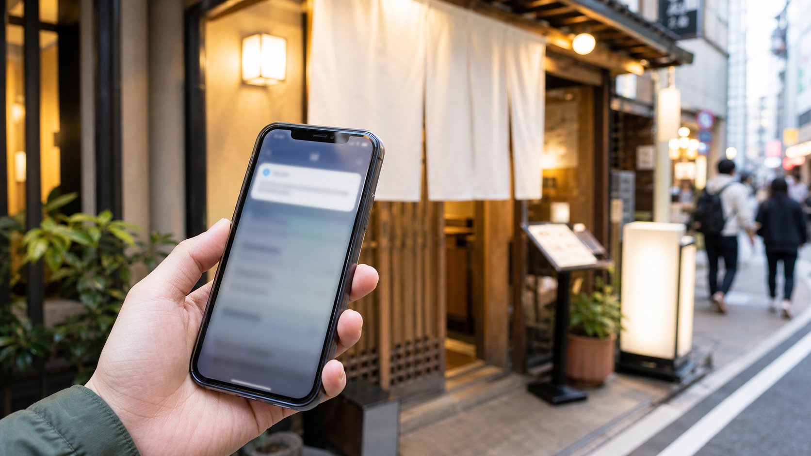 Traveler noticing a card notification after booking a restaurant in Japan.
