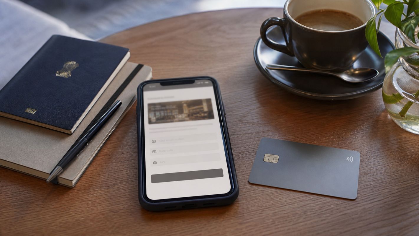 Credit card and phone used for a restaurant reservation guarantee in Japan.