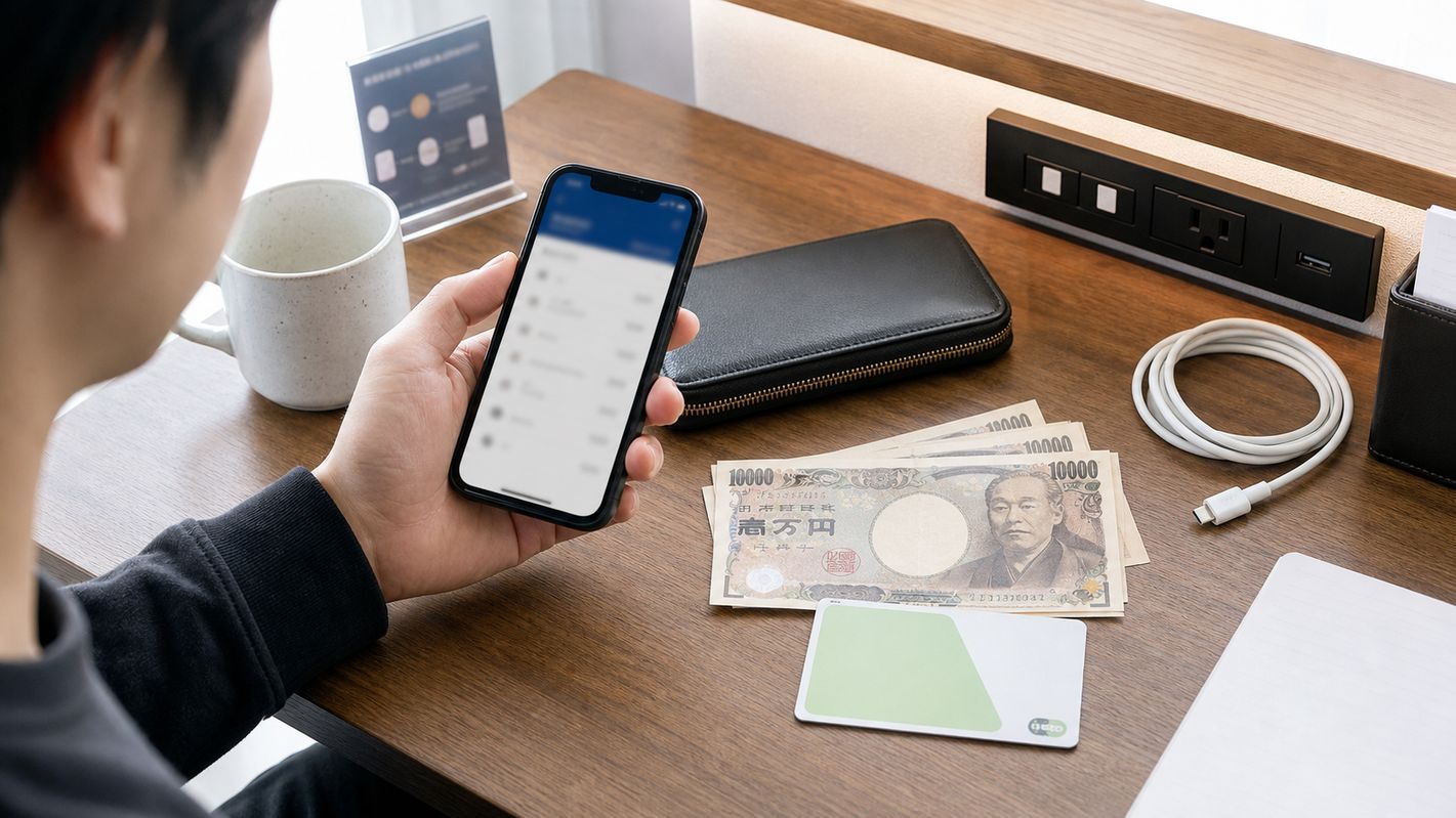 Traveler checking debit card balance during a Japan trip.