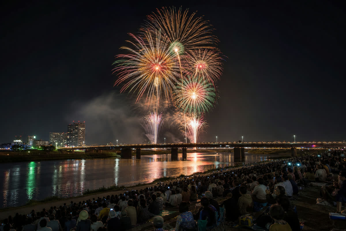 Autumn fireworks over the Tama River with Tokyo's two riverbanks visible