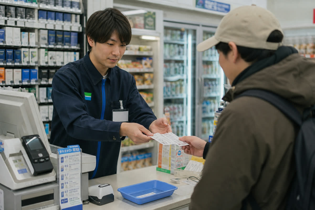 Traveler collecting a printed fireworks ticket at a convenience-store counter
