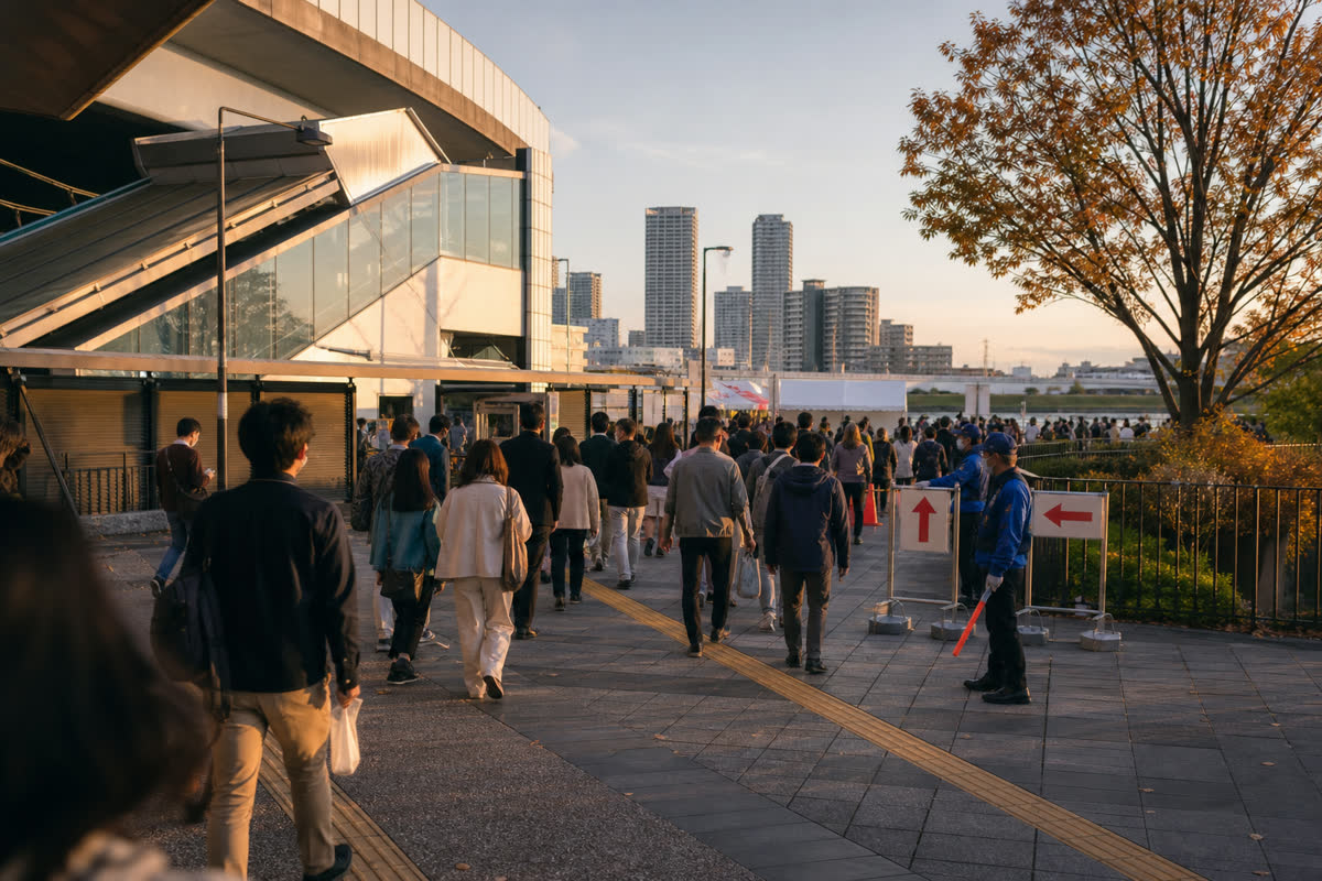 Visitors following the pedestrian route from Futako-tamagawa Station