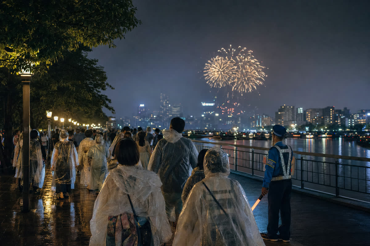 Visitors wearing rain ponchos at a riverside fireworks event