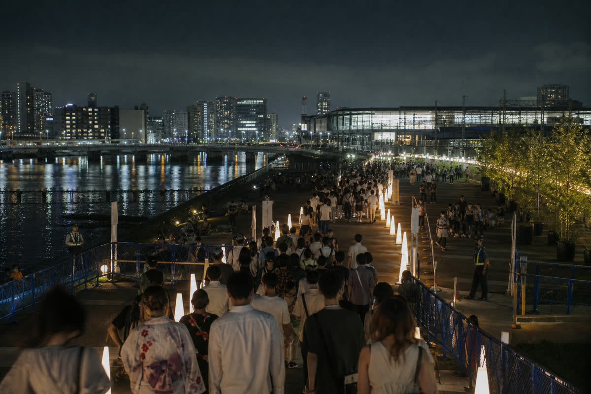Visitors following the post-fireworks pedestrian exit route