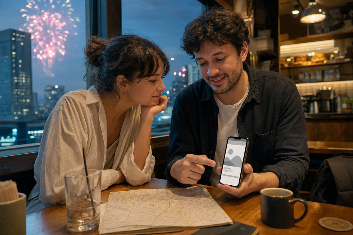 Travelers choosing a Plan B in a Futako-tamagawa cafe