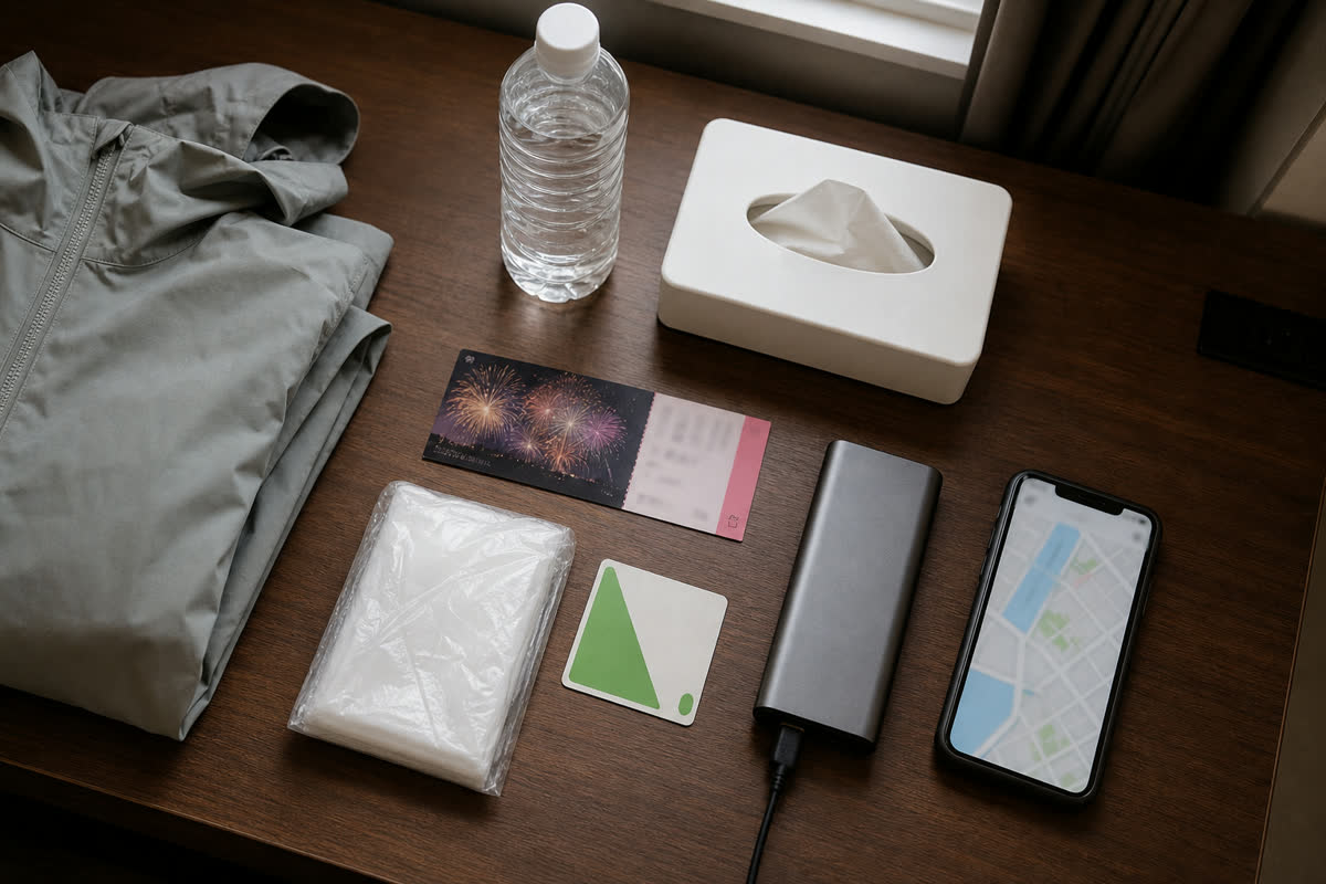Printed ticket, transit card, raincoat and power bank prepared for the event