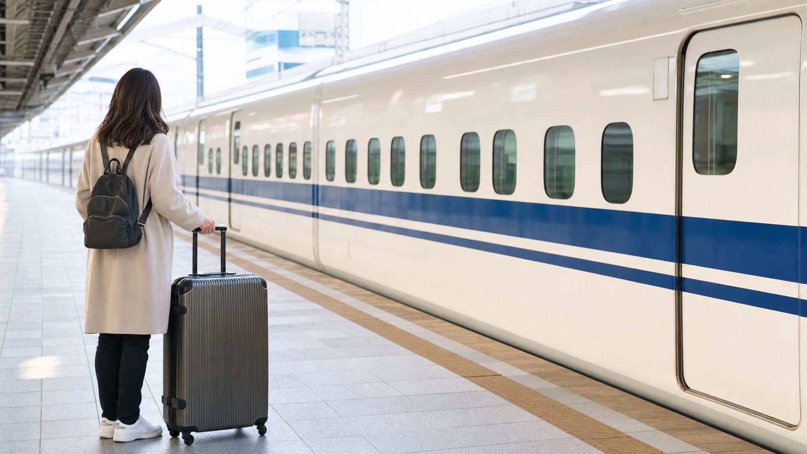 Traveler with a large suitcase waiting beside a white Shinkansen train on a Japanese station platform
