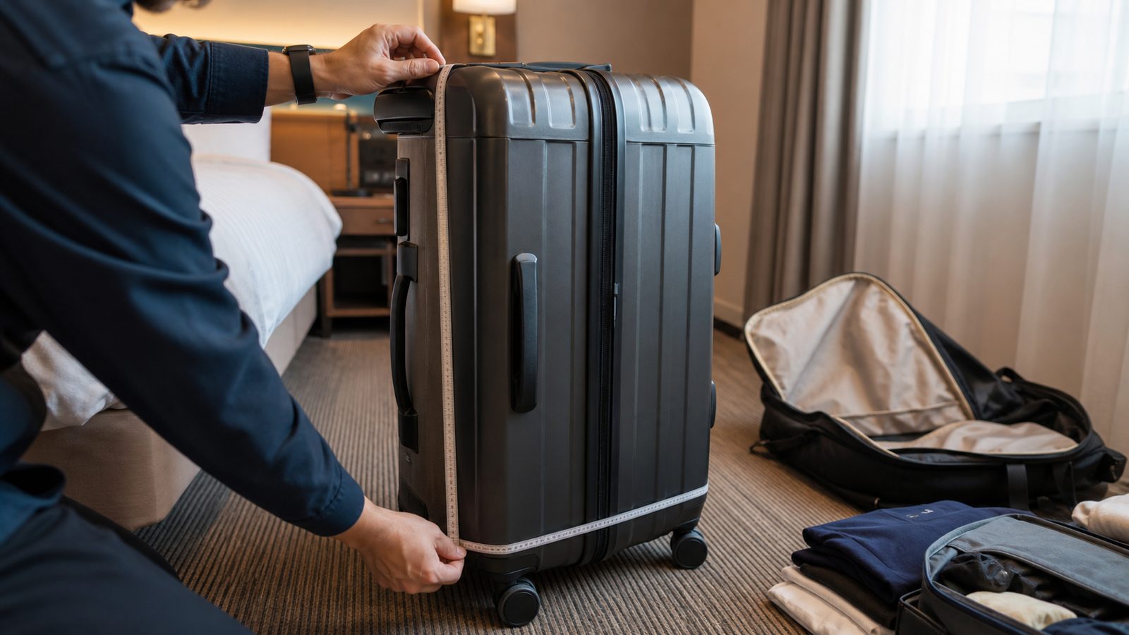 Traveler measuring a hard-shell suitcase in a Japanese hotel room before a train journey