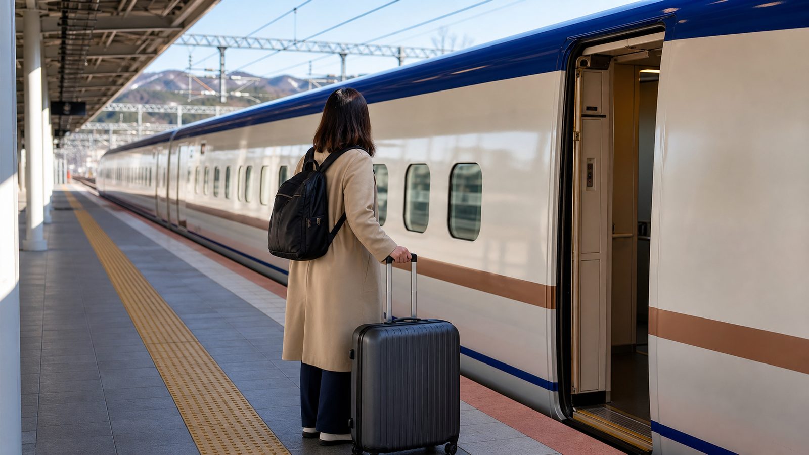 Traveler with luggage on a modern northern Japan Shinkansen platform in cool daylight