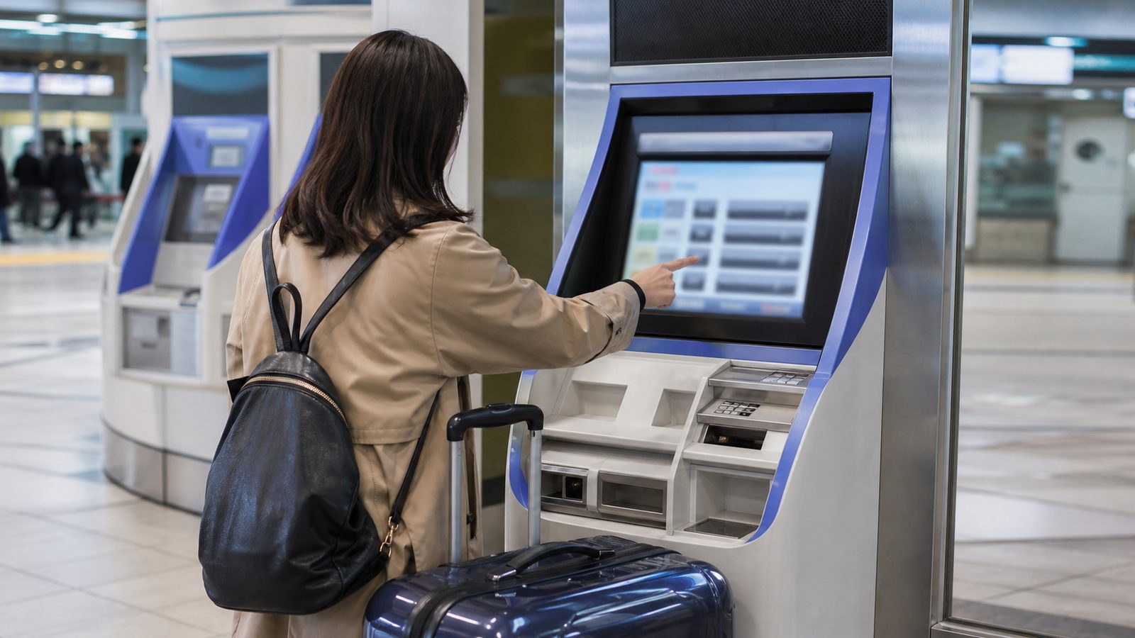 Traveler selecting a Shinkansen seat at a station ticket machine with a suitcase beside them