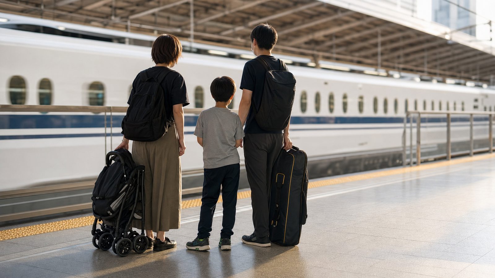 Family traveler with a folded stroller and cased sports equipment waiting on a Shinkansen platform